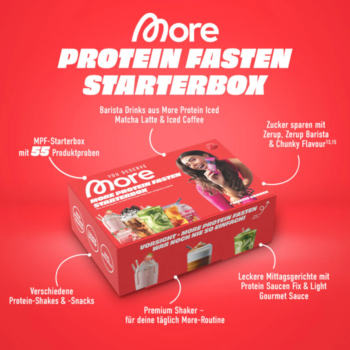 MORE MPF Box More Protein Fasten Starterbox mit 55 Proben | Protein Shakes, Mahlzeiten, Zerup, Chunky Flavour & Premium Shaker