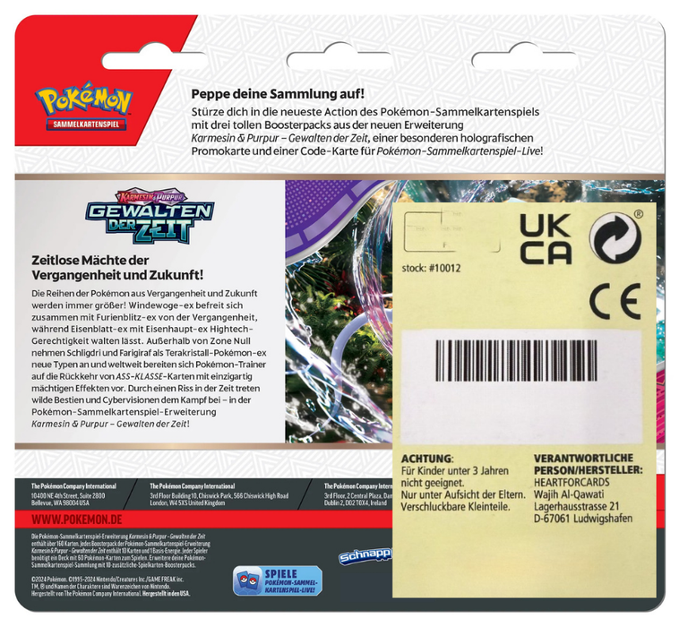 Pokémon Karmesin & Purpur Gewalten der Zeit 3-Pack Blister – Deutsch, 3 Boosterpacks + Pii Promo Karte