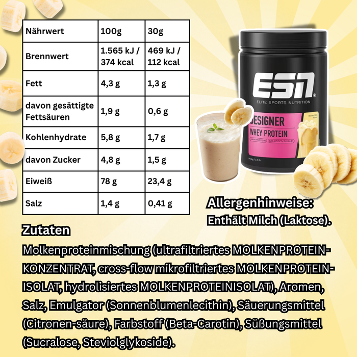 ESN Designer Whey Protein Banana Milk 908 g | Molkenproteinpulver mit Bananen-Milch Geschmack