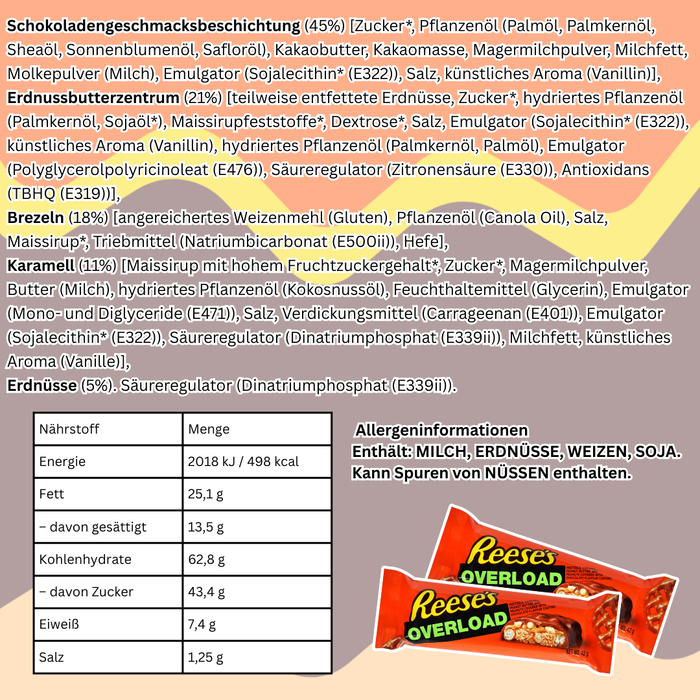 1x Reese’s Overload Riegel – Erdnussbutter, Brezeln & Karamell, 42 g