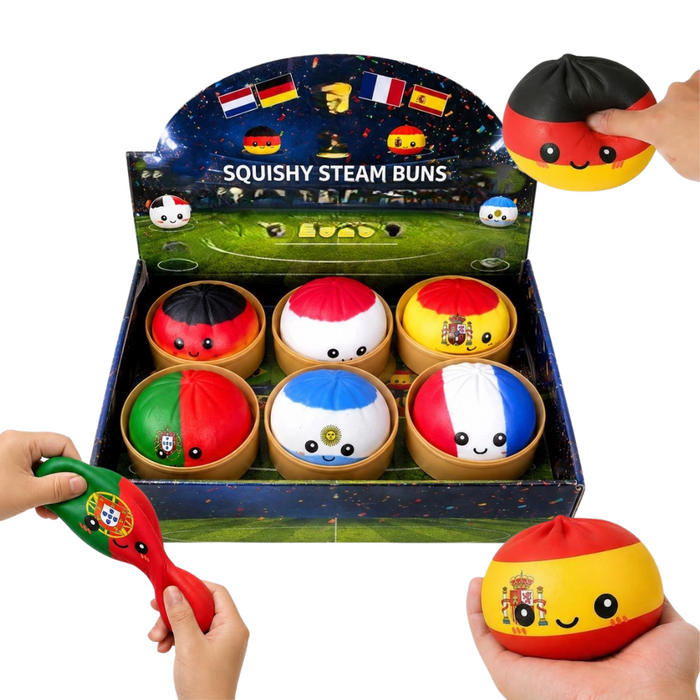 Mystery Squishy Bun Dumpling 8,5 cm – Zufällige Länderflagge Blind Box – XXL Anti Stress Ball im Bambus Dampfkorb