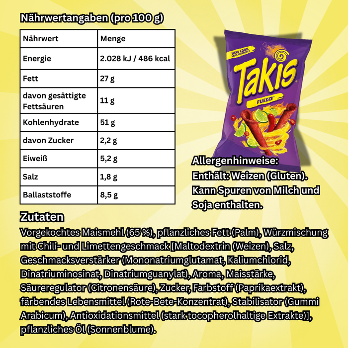 18× Takis Fuego 100 g – Extra scharfe Maissnacks mit Chili & Limette