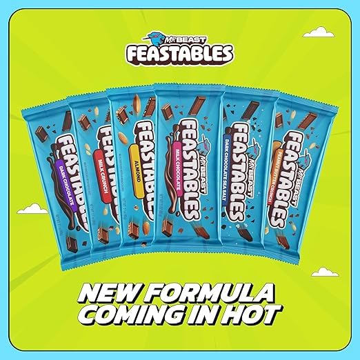 Mr Beast Feastables Schokoladenriegel | 4er-Pack: Peanut Butter, Milk Chocolate, Milk Crunch & Almond | 4 x 60g | Hochwertige Zutaten & unwiderstehlicher Geschmack