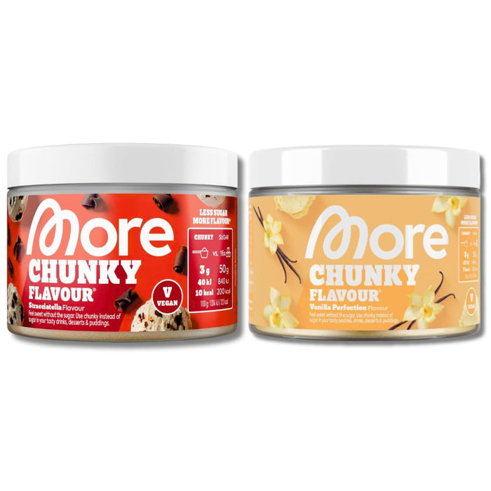 MORE Chunky Flavour Vanilla Perfection 150 g + Stracciatella 150 g – 2er Set Geschmackspulver mit Vanille & Schokolade, 300 g +Heartglobal Versandschutz