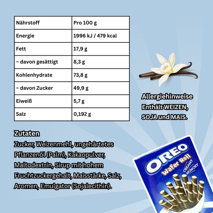 1x Oreo Vanilla Cream Filled Wafer Rolls – 1x54g – Knusprige Waffel mit Vanillecreme