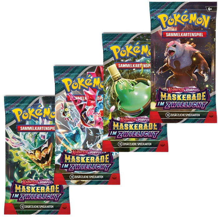 4er Pokémon Booster Set - Maskerade im Zwielicht Booster Karmesin & Purpur - mit 4 Boostern a 10 Karten - DEUTSCH