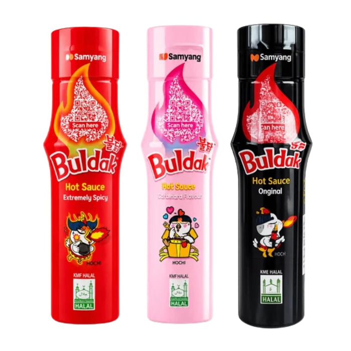 Samyang Buldak Hot Sauce 3er Set – Original, Extremely Spicy & Carbonara, 3 × 165 ml = 495 ml +Heartglobal Versandschutz