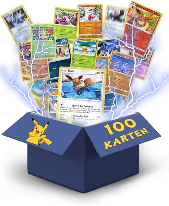 100x Pokémon Karten (Deutsch) –5 Holo Karten + 80x Common/Uncommon + 20x Energiekarten – Zufällige Auswahl