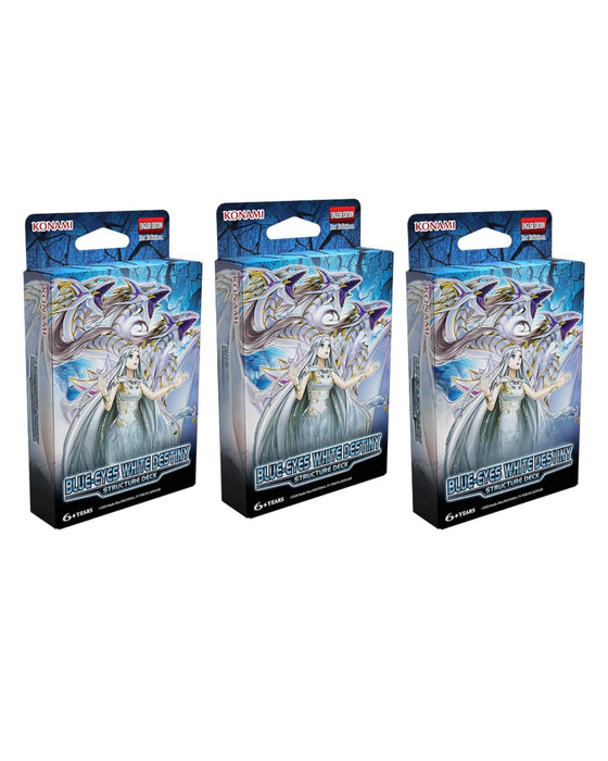 3x Yu-Gi-Oh! Structure Deck: Blue-Eyes White Destiny (Deutsch) + Heartforcards® Versandschutz