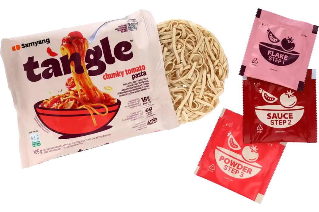 3er Pack Samyang Ramen Tangle – Chunky Tomato | 3x koreanische Instant-Nudeln mit stückiger Tomatensoße | Je 105 g | Halal zertifiziert