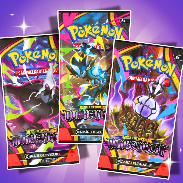 3x Pokémon Mega-Entwicklung: Dunkelnacht Booster Deutsch – 3 Booster Packs mit je 10 Karten