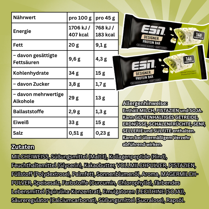 12× ESN Designer Protein Bar White Chocolate Pistachio 45 g – Proteinriegel mit weißer Schokolade & Pistazien (540 g)