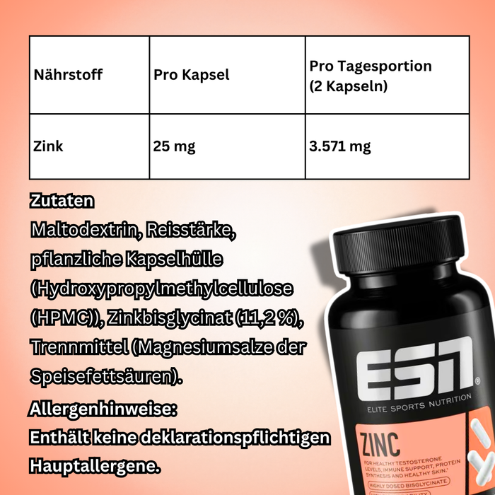 ESN Zink 120 Kapseln | Zinkbisglycinat Chelat Formula | 25 mg Zink pro Kapsel