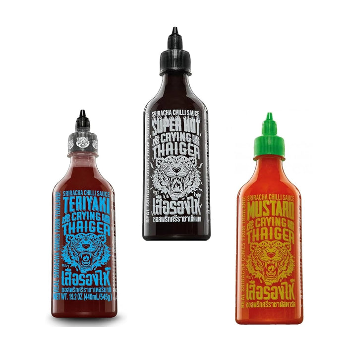 Crying Thaiger Sriracha Saucen Set – 3er Set à 440 ml | Teriyaki, Mustard & Super Hot | Würzige Sriracha Vielfalt aus Thailand | Perfekt für BBQ, Asia-Gerichte & scharfe Saucenliebhaber