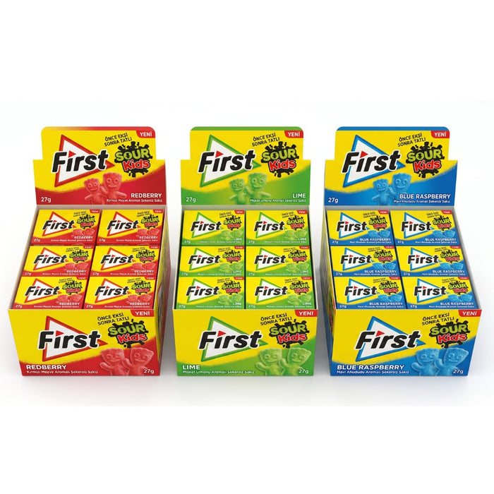 First Sour Kids Kaugummi 3er Mix (Redberry, Lime, Blue Raspberry) Zuckerfrei Sauer Süß 3x12 (36 Stück)