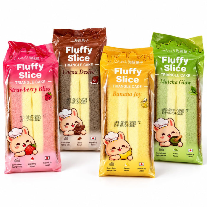 Fluffy Slice Triangle Cake 4er Probierpaket – Strawberry Bliss, Cocoa Desire, Banana Joy & Matcha Glow – Luftig-weicher Rührkuchen, einzeln verpackte süße Snacks