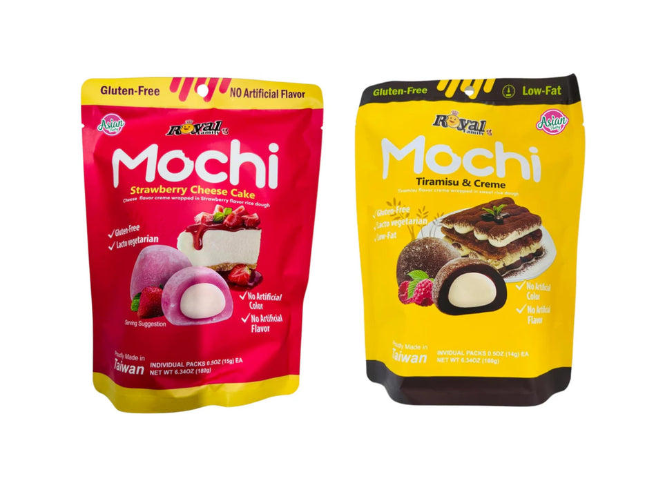 2er-Set Royal Family Mochi | Tiramisu und Crème & Strawberry Cheesecake | 2 x 120g | Weicher Reiskuchen mit cremiger Füllung | Perfekt als Dessert & Snack