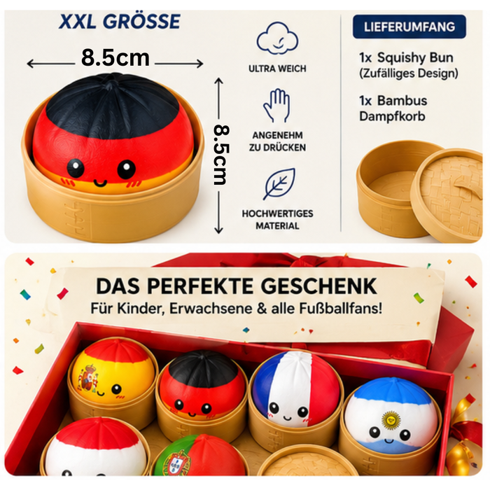 World Cup Mystery Squishy Bun 8,5 cm – Zufällige Länderflagge Blind Box – XXL Anti Stress Ball im Bambus Dampfkorb