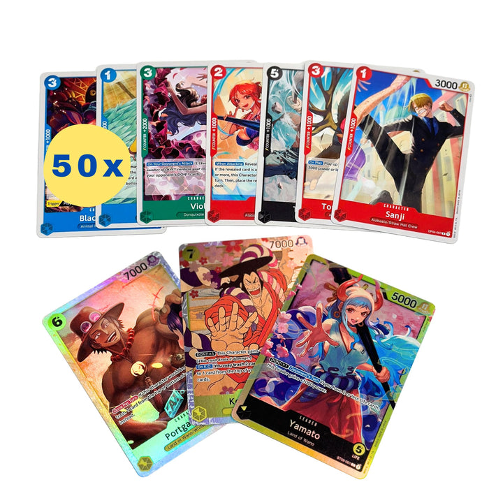 50 original One-Piece-Karten - Englisch - Plus 3 Seltene (Holo) garantiert + Heartforcards® Versandschutz