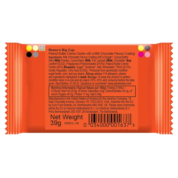 Reese’s Big Cup Peanut Butter Standard – 16 Stück (16 × 39 g) – Großer Erdnussbutter-Schokoladenriegel – Original amerikanischer Süßigkeitenklassiker