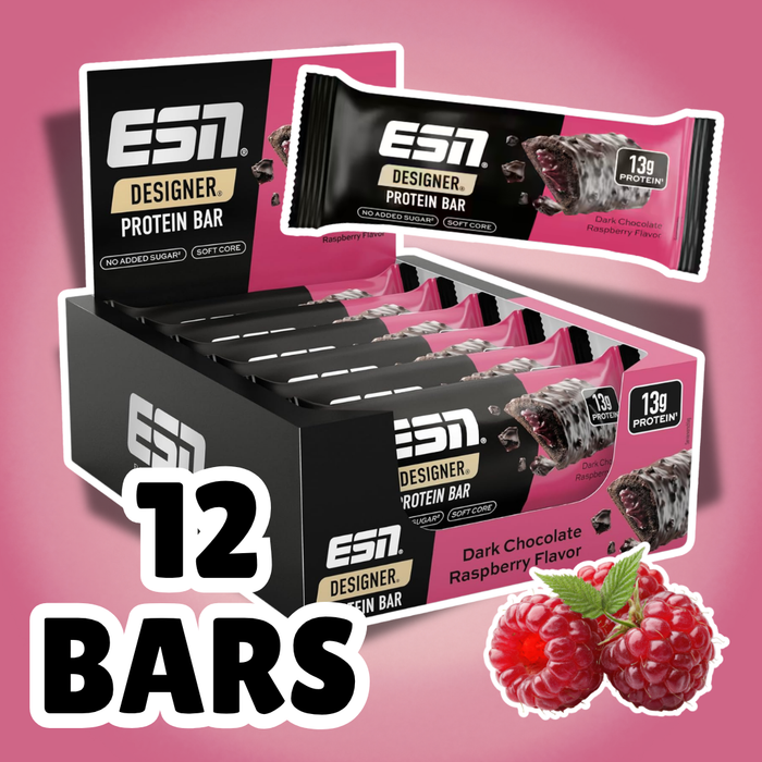 12× ESN Designer Protein Bar Dark Chocolate Raspberry 45 g – Proteinriegel mit Zartbitterschokolade & Himbeerfüllung (540 g)