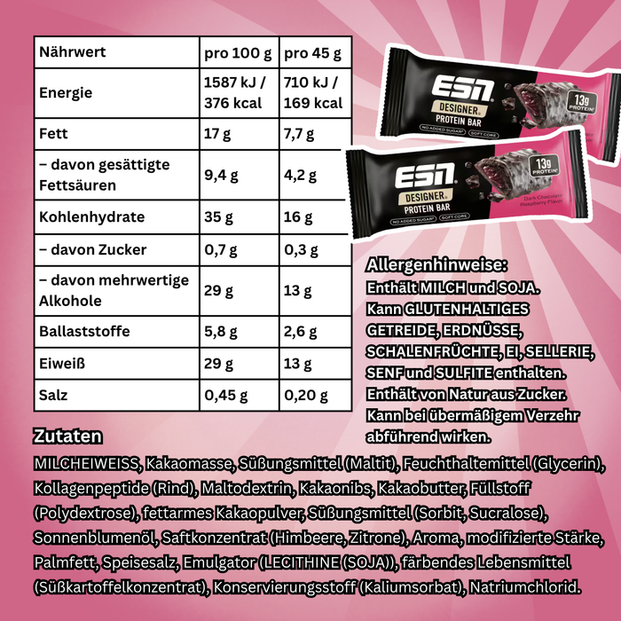 12× ESN Designer Protein Bar Dark Chocolate Raspberry 45 g – Proteinriegel mit Zartbitterschokolade & Himbeerfüllung (540 g)