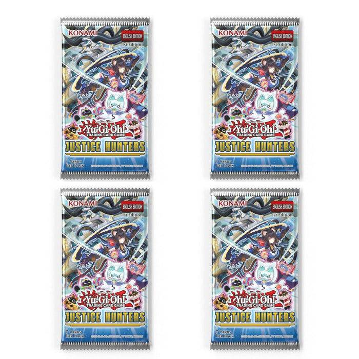 4x Justice Hunters Booster – 1. Auflage [Englisch] | 9 Karten pro Booster | Neue Archetypes & Fusionskarten | Mit Heartforcards® Versandschutz