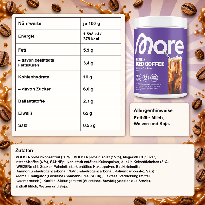 MORE Protein Iced Coffee Caramel Cold Brew Proteinpulver mit Molkenprotein, Instant Kaffee und Keksstückchen 300 g