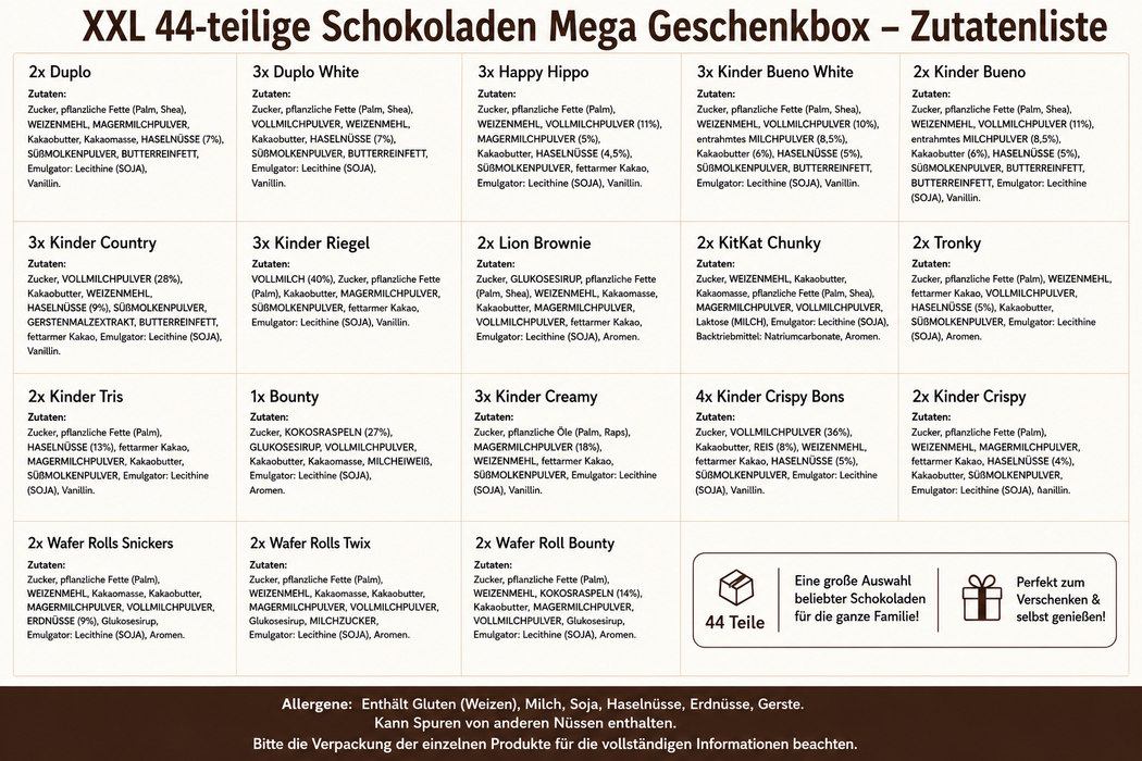 XXL 44-teilige Schokoladen Mega Geschenkbox – Große Auswahl an beliebten Schokoriegeln & Kinder Schokolade Mix