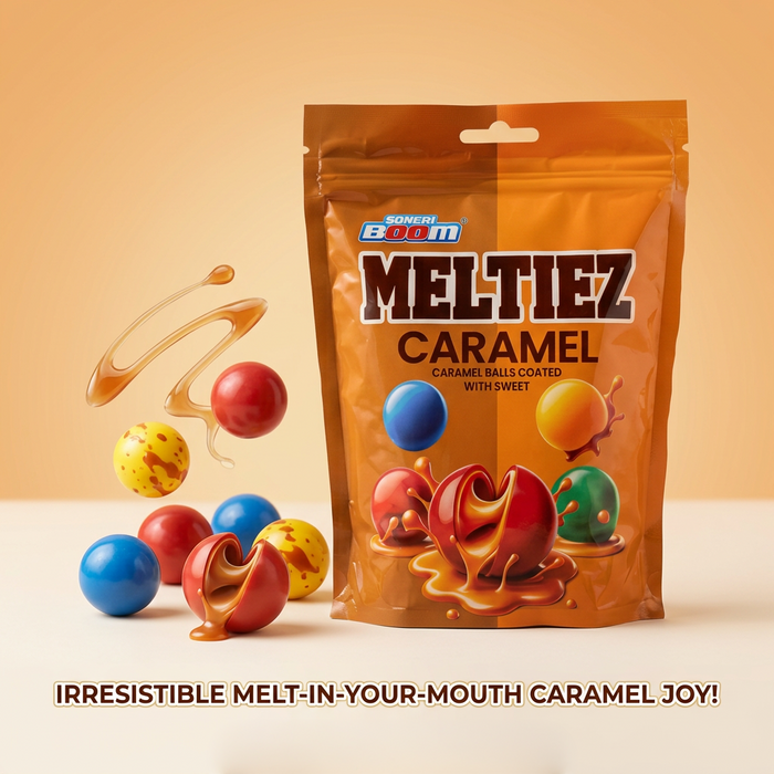 SONERI BOOM Meltiez Caramel Balls 160 g – Karamellgefüllte Schokoladenkugeln mit süßer Ummantelung