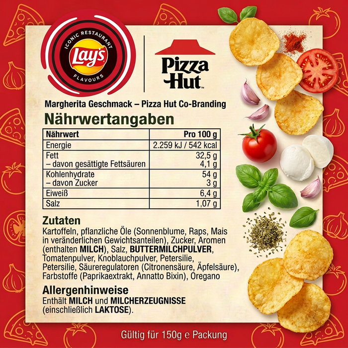 9x Lay's Pizza Hut Margherita 150 g – Knusprige Kartoffelchips mit Pizza-Margherita-Geschmack – 1.350 g Gesamt