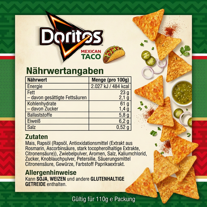 12x Doritos Mexican Taco 110 g – Knusprige Maischips mit würzigem Taco-Geschmack – 1.320 g Gesamt