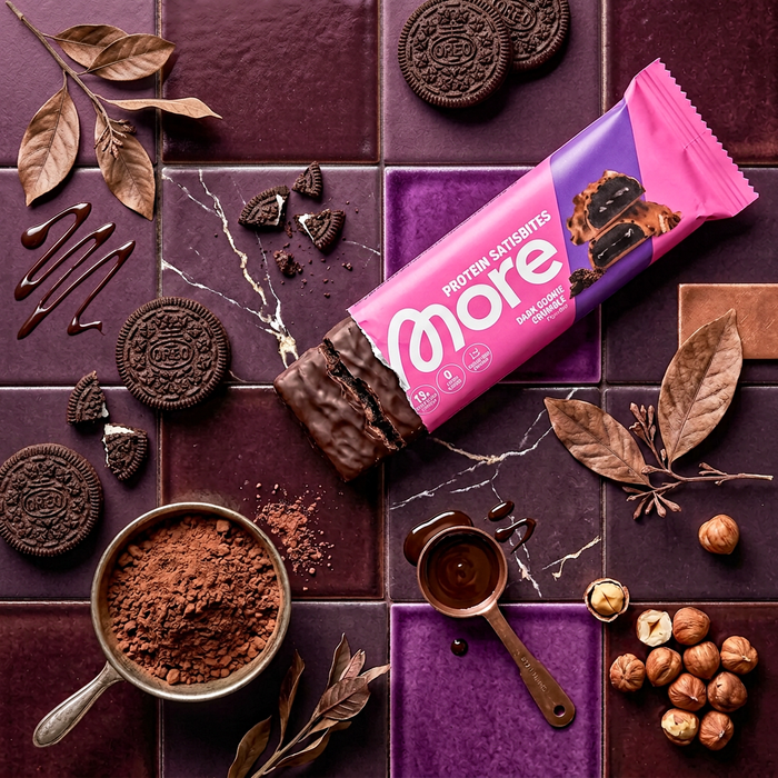 12× More Protein Satisbites Dark Cookie Crumble 50 g – Proteinreiche Bites mit dunkler Schokolade