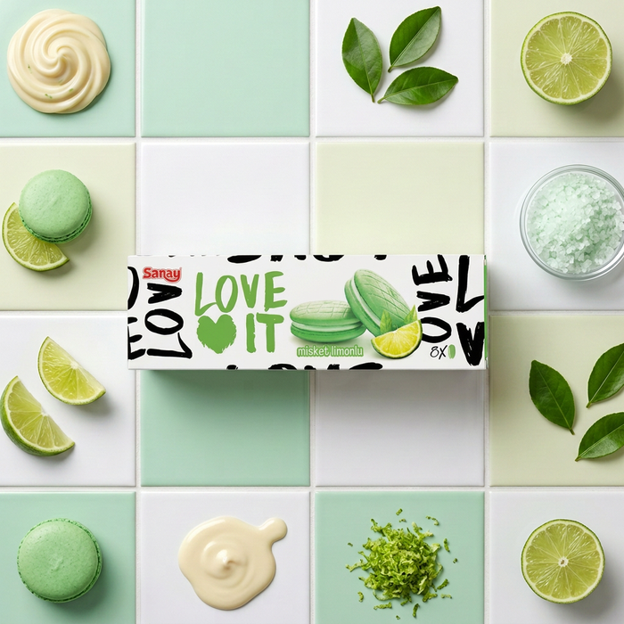 SARAY LOVE IT Macaron Biscuit Lemon 88 g – Knuspriger Keks mit Zitronengeschmack und Kakaocremefüllung