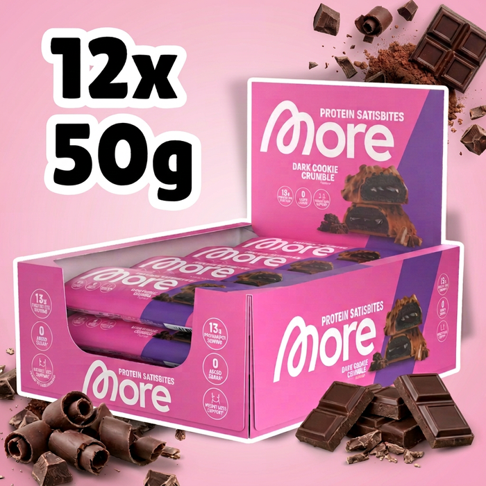 12× More Protein Satisbites Dark Cookie Crumble 50 g – Proteinreiche Bites mit dunkler Schokolade