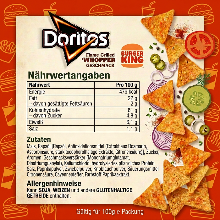 12x Doritos Burger King Flame-Grilled Whopper 100 g – Knusprige Maischips mit Whopper-Geschmack – 1.200 g Gesamt
