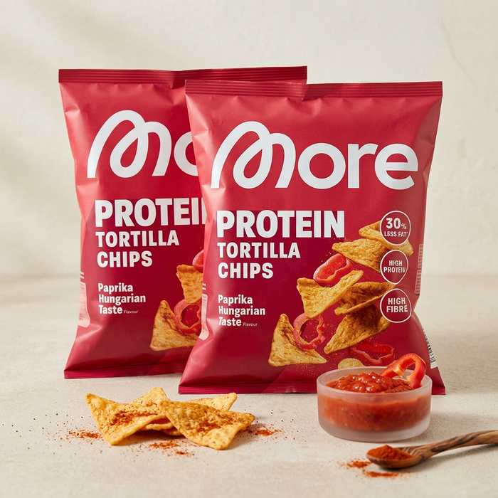 2x MORE Protein Tortilla Chips Paprika Hungarian Taste 50 g – Proteinreiche Kartoffel-Snacks mit ungarischer Paprika-Würzung – 100 g Gesamt