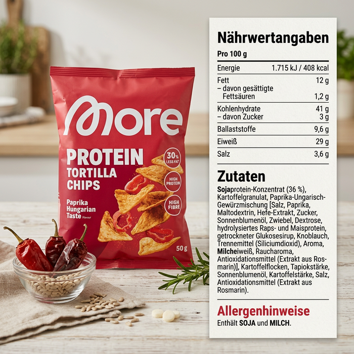 2x MORE Protein Tortilla Chips Paprika Hungarian Taste 50 g – Proteinreiche Kartoffel-Snacks mit ungarischer Paprika-Würzung – 100 g Gesamt