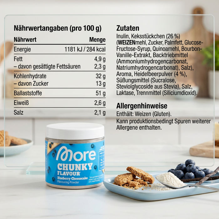 MORE Chunky Flavour Blueberry Cheesecake Vegan Geschmackspulver mit Keksstückchen & Heidelbeerpulver 90 g