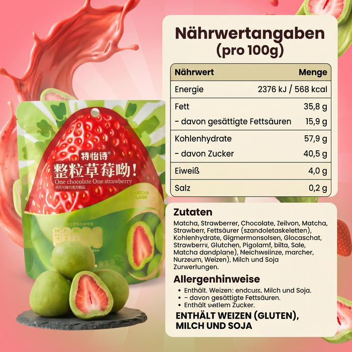 Matcha-Schokoladen-Erdbeeren Gefriergetrocknete Erdbeeren mit Matcha-Schokoladenüberzug 32g