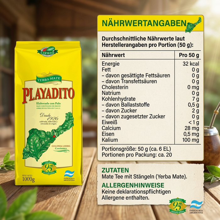 Playadito Yerba Mate Tee aus Argentinien 1 kg – Mate Tee mit Stängeln – Mildes Aroma & Traditioneller Mate-Genuss