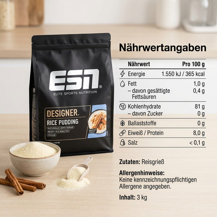 ESN Designer Rice Pudding Neutral Flavour 3 kg – Reisgrieß für cremigen Milchreis, Porridge und vielseitige Zubereitung