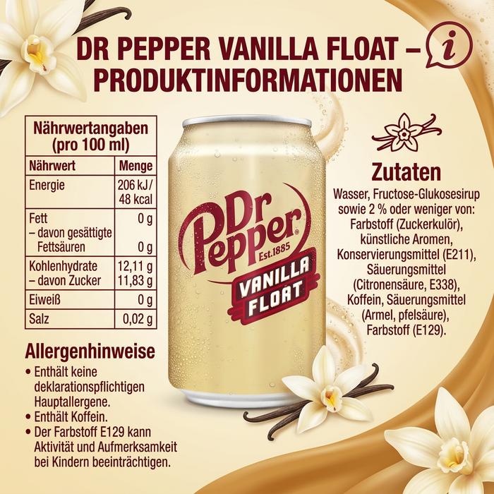 12× Dr Pepper Vanilla Float 355 ml – Erfrischungsgetränk mit Vanille-Float-Geschmack (12 Dosen)