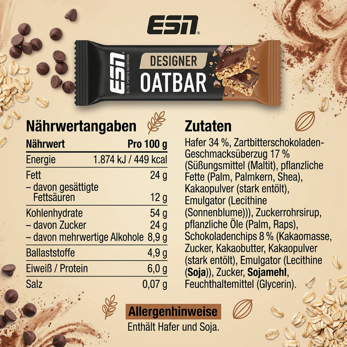 ESN Designer Oatbar Chocolate Chip 12 x 100 g – Hafer-Riegel mit Zartbitterschokoladen-Überzug und Schokoladenchips