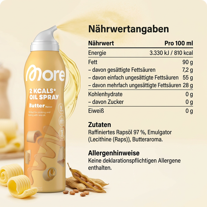 MORE 2Kcals Oil Spray Butter Flavour 200 ml – Kochspray mit Buttergeschmack – Rapsöl zum Braten, Backen & Grillen
