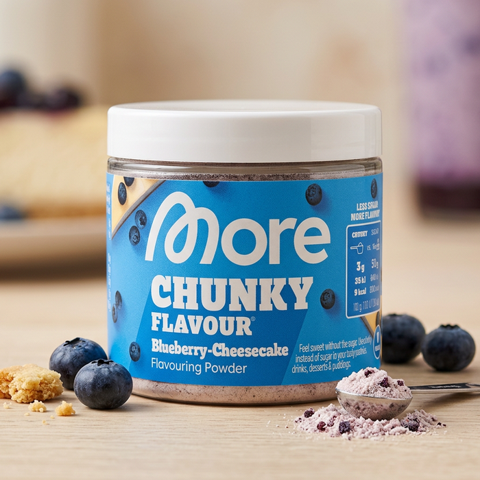 MORE Chunky Flavour Blueberry Cheesecake Vegan Geschmackspulver mit Keksstückchen & Heidelbeerpulver 90 g