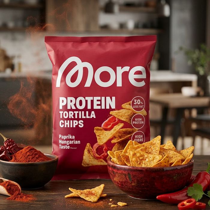 2x MORE Protein Tortilla Chips Paprika Hungarian Taste 50 g – Proteinreiche Kartoffel-Snacks mit ungarischer Paprika-Würzung – 100 g Gesamt