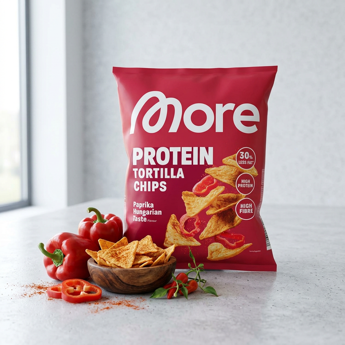 2x MORE Protein Tortilla Chips Paprika Hungarian Taste 50 g – Proteinreiche Kartoffel-Snacks mit ungarischer Paprika-Würzung – 100 g Gesamt