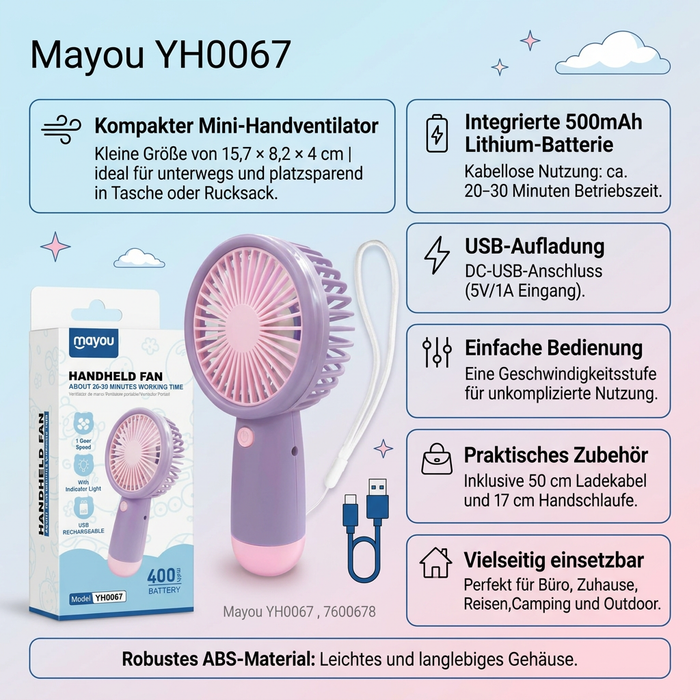 Mayou YH0067 Mini-Handventilator – Tragbarer USB-Akku-Lüfter mit 500mAh Batterie | 1 Geschwindigkeitsstufe | Kompakt & Leicht