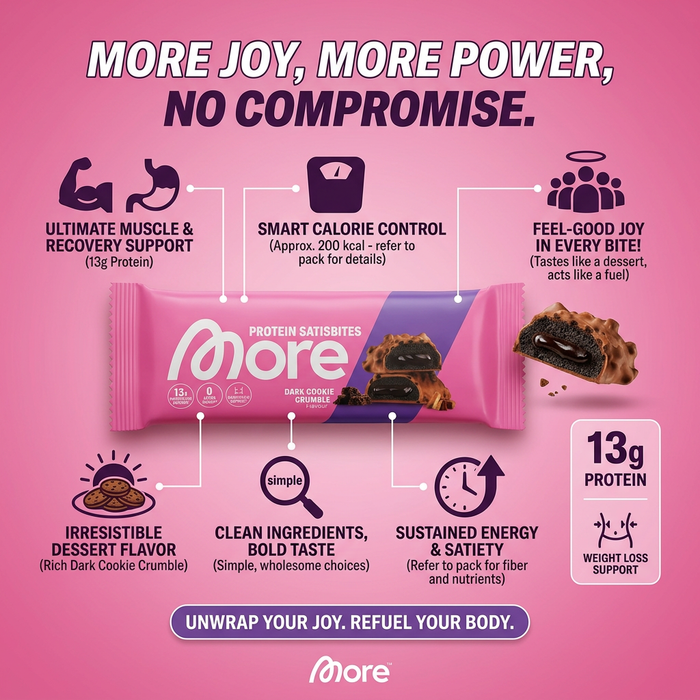 12× More Protein Satisbites Dark Cookie Crumble 50 g – Proteinreiche Bites mit dunkler Schokolade